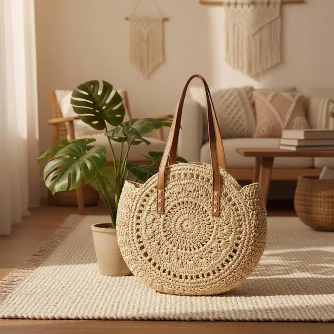 bag Bohemian Woven Straw Beach Tote with Leather Handle Etsy - Seller $40.63