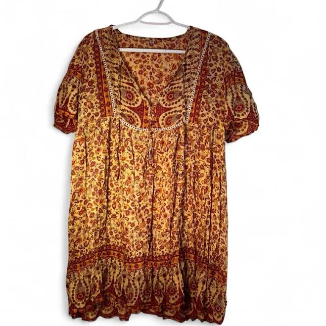 dress Boho Floral Mini Dress Cream Rust Orange Paisley Print S/m eBay - brooklynvioletsky $22