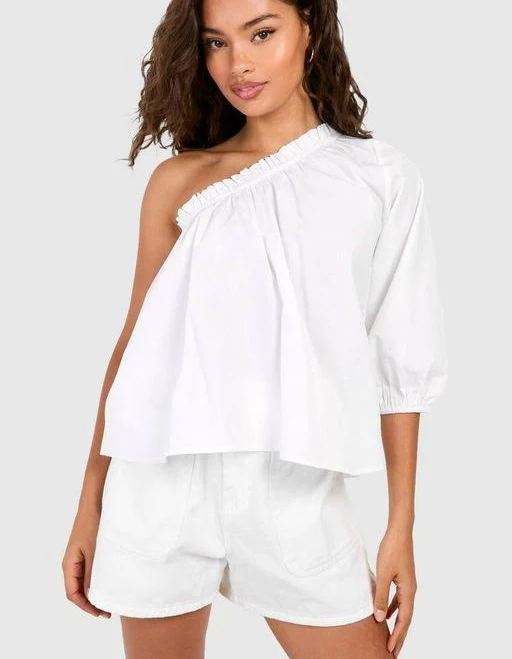 one shoulder top Boohoo Puff Sleeve One Shoulder Cotton Poplin Top Lyst $8