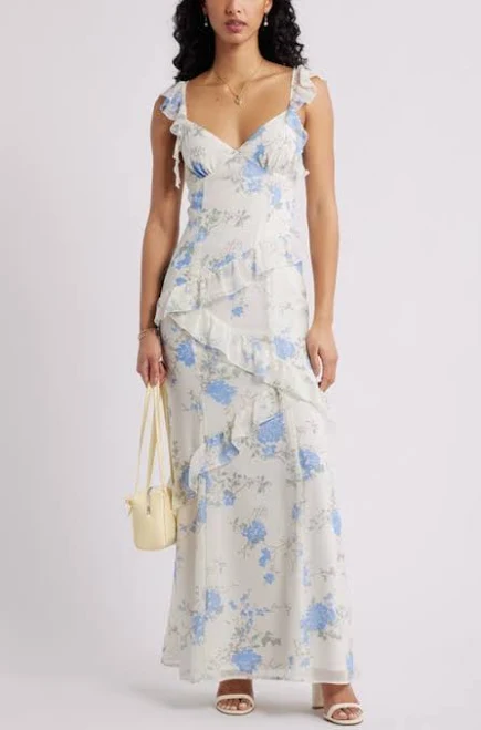 dress BP. Asymmetric Ruffle Tiered Maxi Dress in Ivory- Blue Bethany Floral at Nordstrom, Size Xx-Small Nordstrom $79.5