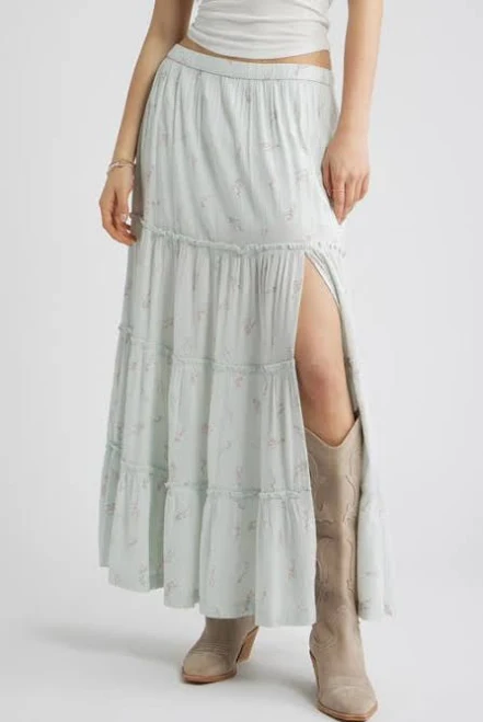 linen outfit BP. Tiered Linen Blend Crinkled Gauze Maxi Skirt in Green Cherie Blossom at Nordstrom, Size X-Large Nordstrom $59.5