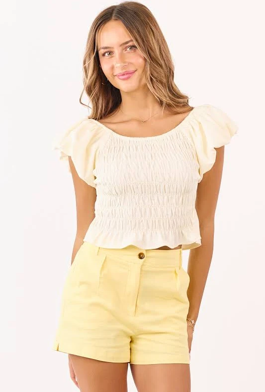 top Buttercream Linen Blend Puff Sleeve Smocked Top Lime Lush $52.99