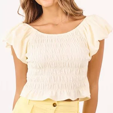 top Buttercream Linen Blend Puff Sleeve Smocked Top Lime Lush $52.99