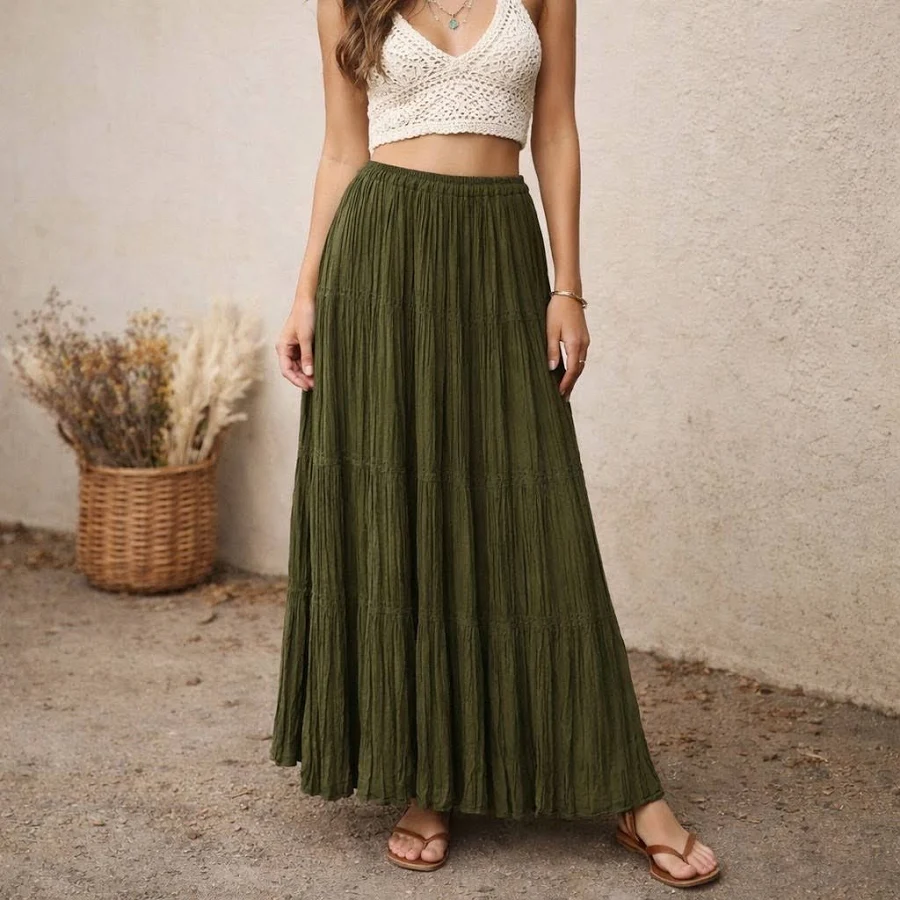 maxi skirt Cactus Flower Olive Green Crinkle Pleated Elastic Waist Maxi Skirt Sz eBay - bryconsigns $35