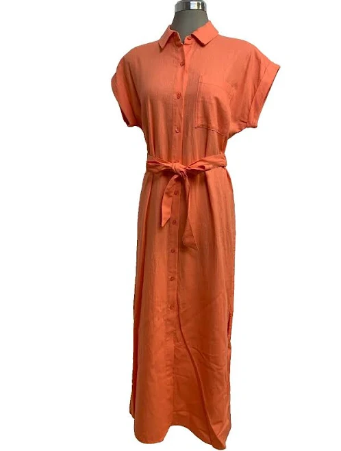 dress Calvin Klein Elegant Linen Melon Short Sleeve Belted Midi Shirt Dress eBay - emm.miron $53.1