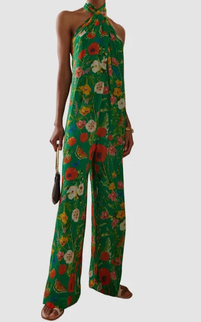 jumpsuit Cara Cara - Marion Open-Back Floral-print Silk-crepon Halterneck Jumpsuit - Green eBay - truehabit $167.08
