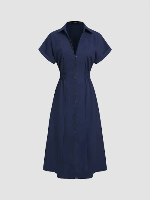 linen outfit CIDER Women's Linen-blend Solid Collar Shirred Button Midi Shirt Dress Office Cider $49.9