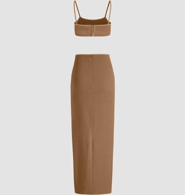 outfits CIDER Women's Solid Texture Knit Crop Tank Top & Slit Skirt Set Vacation Exhibition Cider $11.97