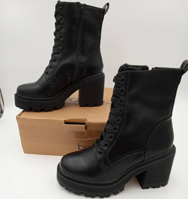 shoes Combat Boots Womens Black Faux Leather Lace Up Chunky Heel Ankle Lug eBay - kcgr8buys $28.99