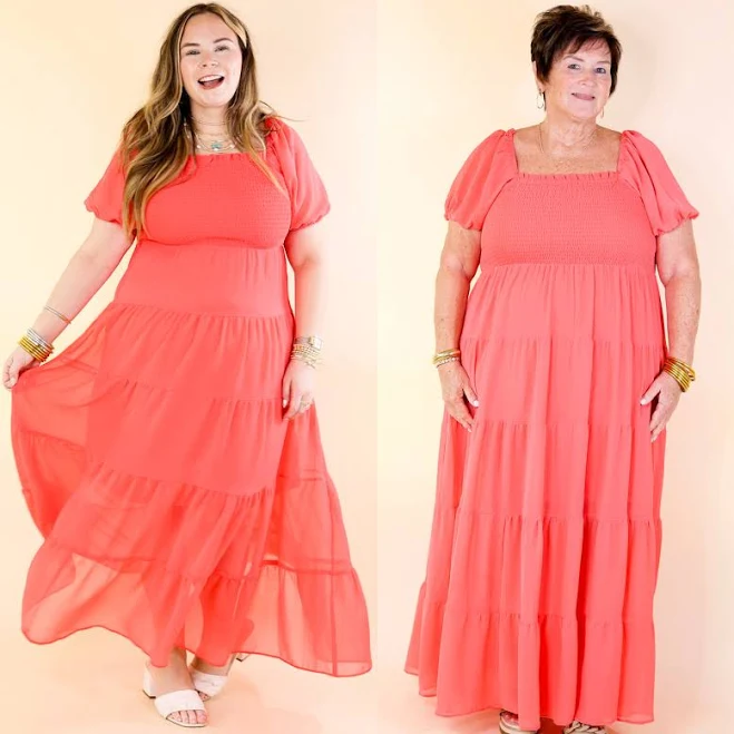 dress Coral Tiered Maxi Dress with Smocked Bodice L Giddy Up Glamour Boutique $59.95