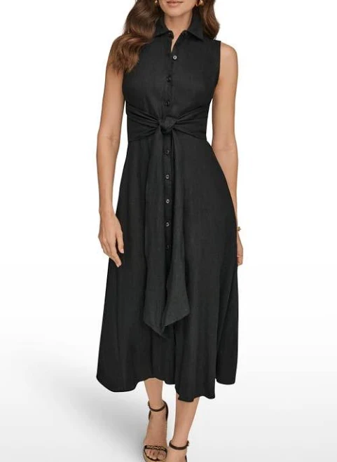 linen outfit Donna Karan Women's Sleeveless Linen-Blend Midi Shirtdress Nordstrom $179