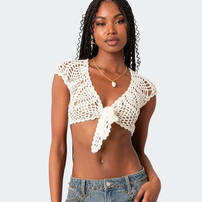 top Edikted Women's Rocco Tie Front Crochet Top PacSun $54.4