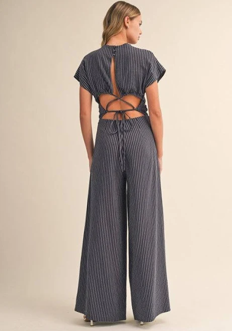 jumpsuit Edith Short Cap Sleeve Open Back Stripe Print Wide Leg Jumpsuit Miss Match $160