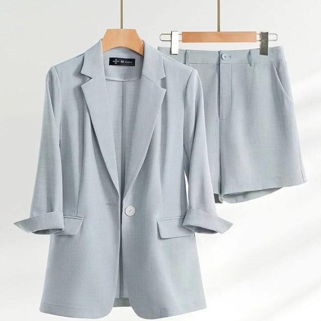 linen outfit Emilia Women's Cotton Blend Blazer and Shorts Set – Tailored Fit & Perfect for Summer - Light Blue L Austin Penn $89.95