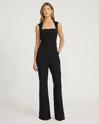jumpsuit Express Women's Signature Crepe Square Neck Sleeveless Ruched Flare Jumpsuit with Express $59