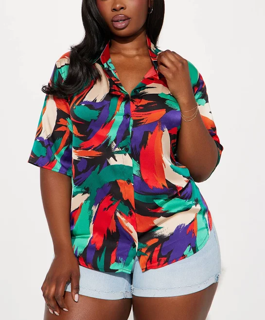 top Fashion Nova Camisa Aruba Satin Button Up Shirt Fashion Nova $15.99