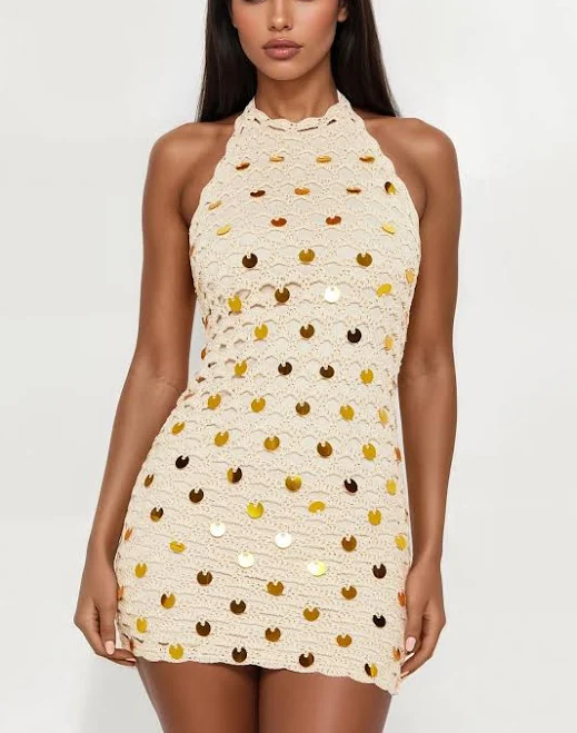 dress Fashion Nova Luxanna Backless Embellished Halter Crochet Mini Dress Fashion Nova $23.98