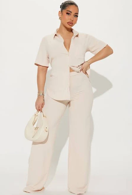 matching set Fashion Nova Short Sleeve Button Up Shirt Wide Leg Pant Set in Oatmeal, Size Fashion Nova $27.99
