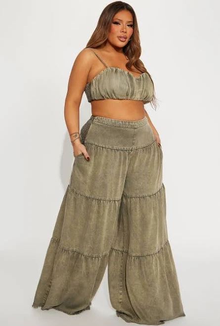 matching set Fashion Nova Size Sleeveless Cropped Bra Top Wide Leg Pant Set in Olive Fashion Nova $44.99