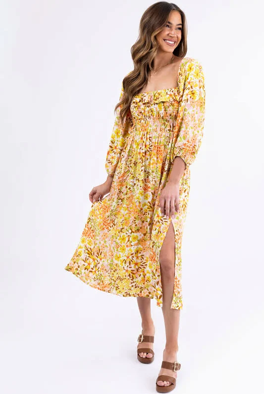 dress Floral Print Smocked Midi Dress Lime Lush $30.95