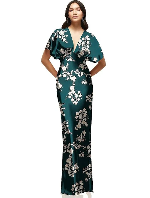 maxi dress Floral Satin Bias Maxi Dress with Plunge Neck and Kimono Sleeves Dessy Group $179.1