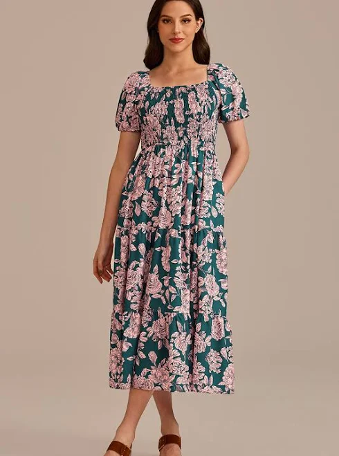dress Floral Short Puff Sleeve Square Neck Smocked Tiered Midi Dress Petal Lush $51