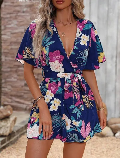 romper Floral Short Sleeve V-Neck Short Sleeve Tie Waist Romper Allegra K $37.99
