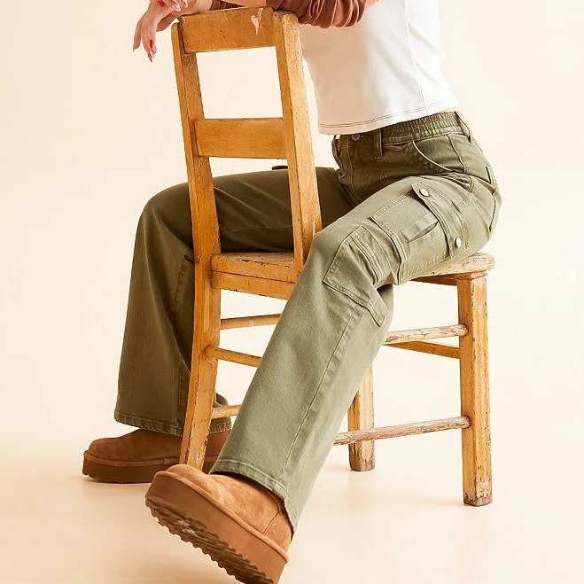 pants Flying Monkey Women's High Rise Wide Leg Stretch Cotton Cargo Pants Buckle $48.74