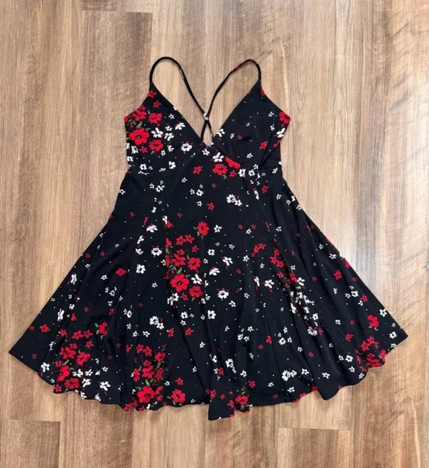 dress Forever 21 Black Spring Floral Black Dress With Red & White Flowers, eBay $25