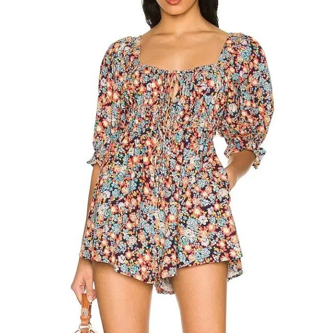 romper Free People Pants & Jumpsuits | Free People Colorful Navy Coral Floral Linen Blend Short Sleeve Shorts Romper Xs | Color: Blue/Pink | Size: Xs | Poshmark $49