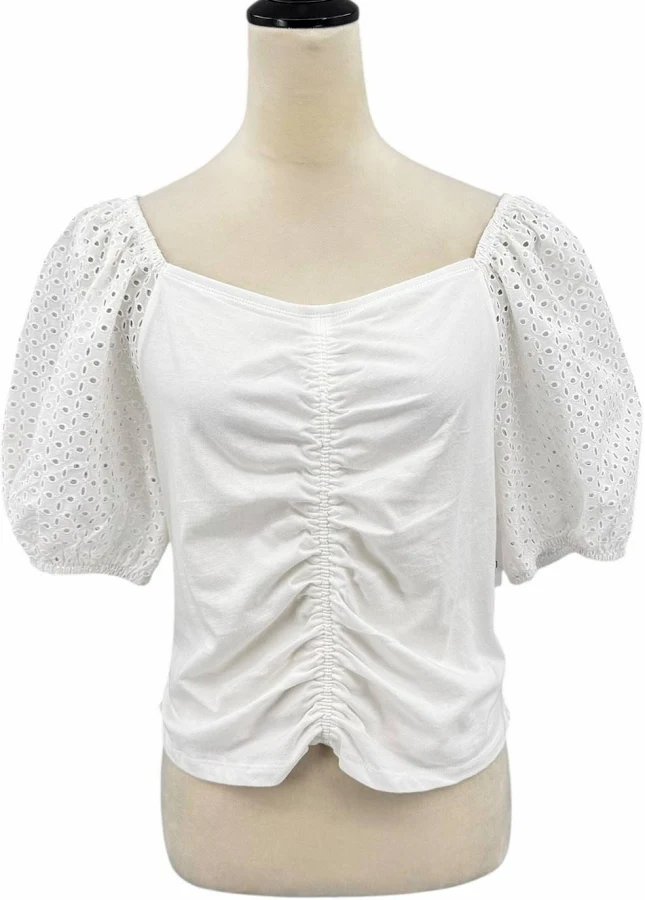 top Gap Sz L Crisp White Knit Eyelet Puff Sleeve Smocked Cropped Peasant eBay - wacothrifters $24.99