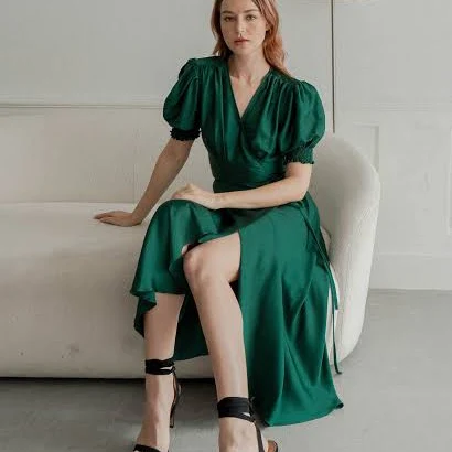 dress Gigi Satin Wrap Midi Dress with Puff Sleeves Etsy - NoireBrand $115