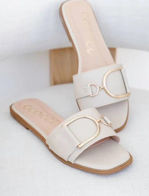 shoes Gold Buckle Vegan Slide Sandal Freckled Poppy $38.9