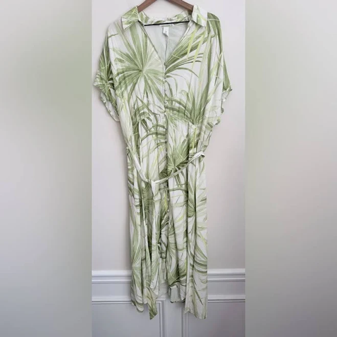 dress H&M Dresses | H&M Tie-Belt Palm Leaf Maxi Shirt Dress Xxl Vacation Beach Tropical Green White | Color: Green | Size: Xxl | Natnatly's Closet Poshmark $39