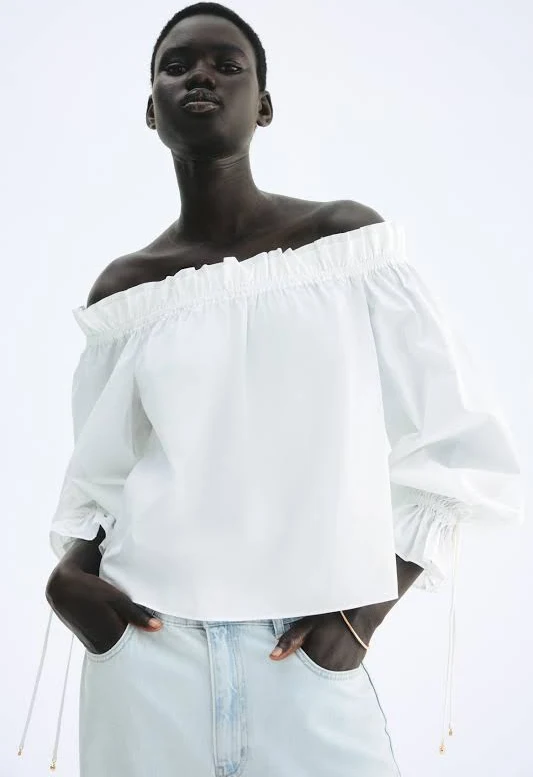 top H&M Ladies Off-The-Shoulder Poplin Blouse H&M $29.99