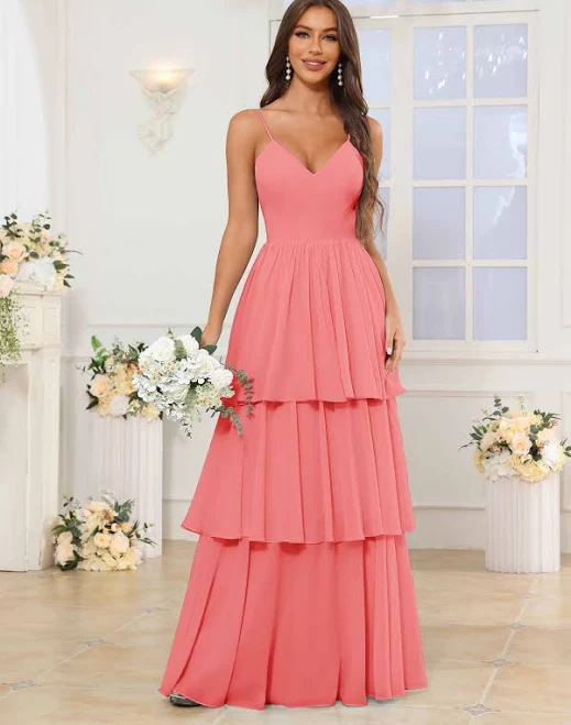 dress Hadassah Romantic A-Line V-Neck Tiered Pleated Chiffon Bridesmaid Dress Pomuyoo $89