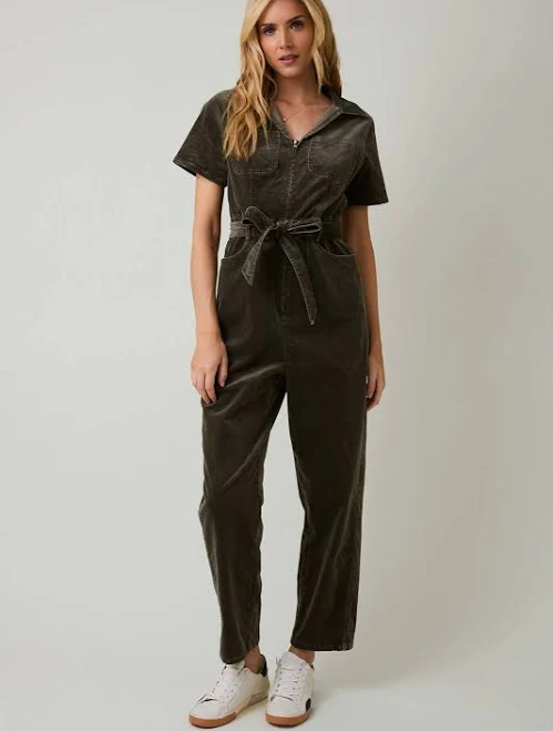 linen outfit Half Sleeve Zip Up Utility Jumpsuit Sissy Boutique $78