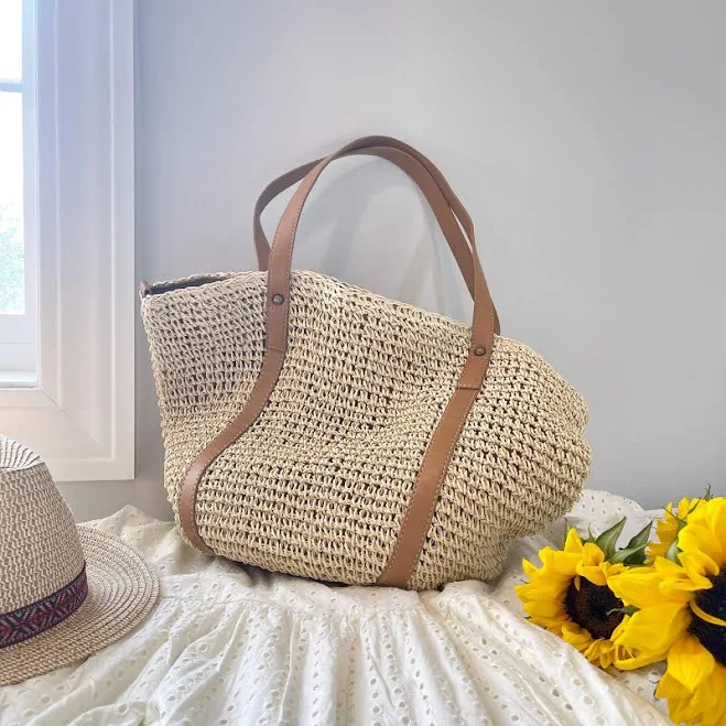 bag Handwoven Straw Tote Bag with Vegan Leather Top Handles Etsy - Seller $44.99