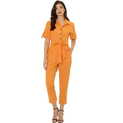 romper Inspire Chic Women's Short Sleeve Collared Button Down Tie Waist Cargo Jumpsuit Target $56.99