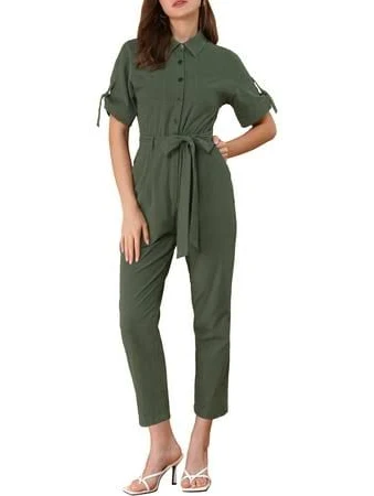 jumpsuit Inspire Chic Women's Short Sleeve Collared Button Down Tie Waist Cargo Jumpsuit Walmart - Tasharina Corp $46.99