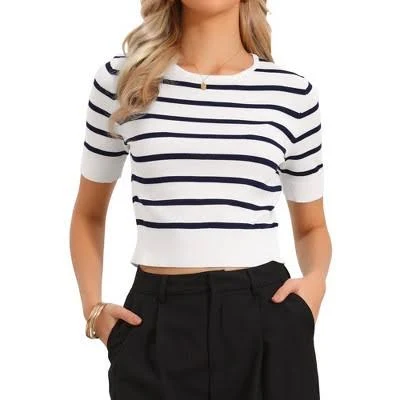 top Inspire Chic Women's Striped Lightweight Stretch Crew Neck Short Sleeve Top Target $25.99