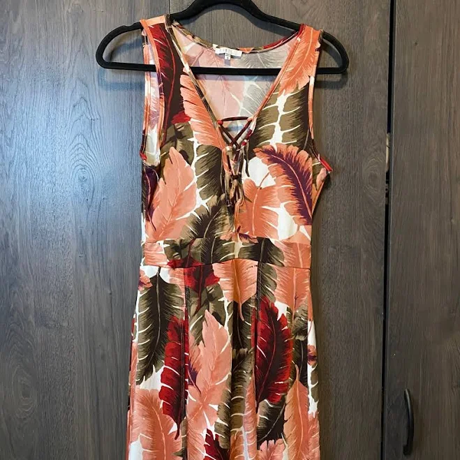 maxi dress Iris Womens Tropical Palm Leaf Lace Up V-neck Maxi Dress Rust Olive eBay $24