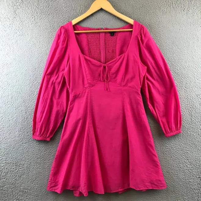 dress J. Crew Hot Pink Square Neck Smocked Bodice Tie Front Puff Sleeve Mini eBay - kronosstore $23.74