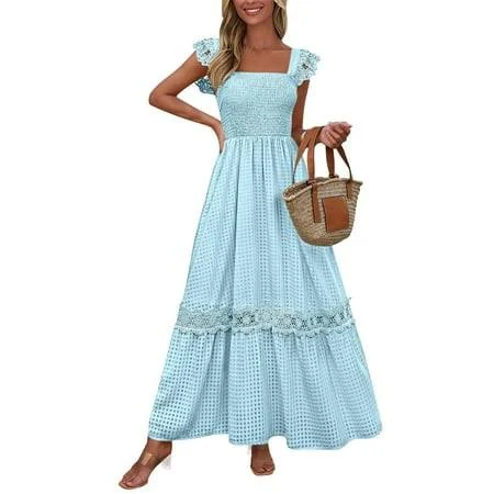 maxi dress Karight Womens Square Neck Flutter Sleeve Maxi Dress Smocked Waist Tiered Lace Trim Gingham Print Boho Vacation Dress, Women's, Size: Small, Blue Walmart - Karight $18.77