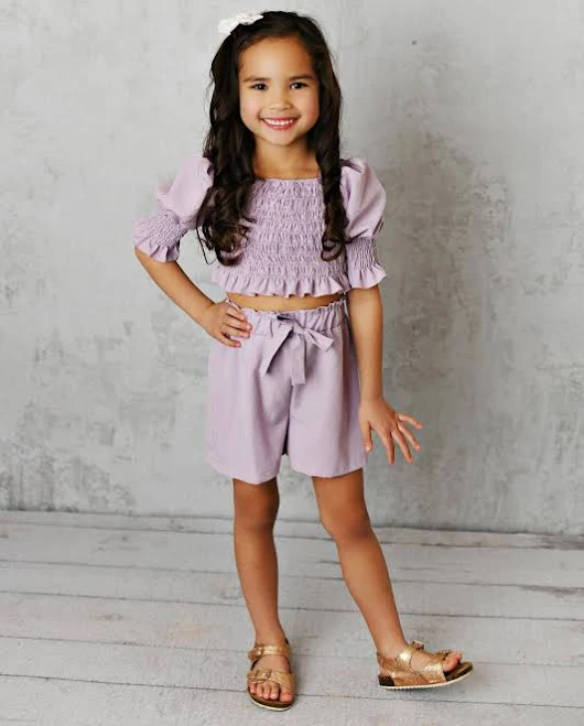 matching set Kids Shirred Puff Sleeve Bow Short Set Tribute Clothing Co $20