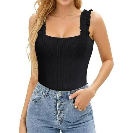 sleeveless top Ladybranch Crop Tops for Women Ribbed Ruffle Square Neck Tank Tops Women Trendy Basic Walmart - Ladybranch $10.99