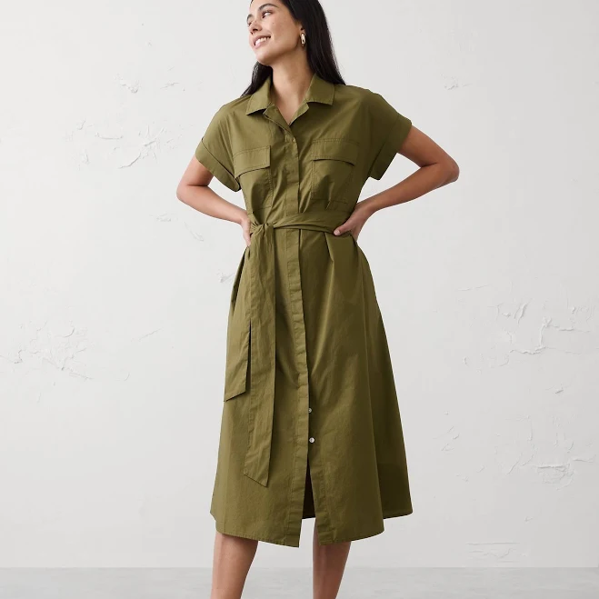linen outfit Landslide Women's Poplin Utility Midi Shirtdress Banana Republic Factory $84