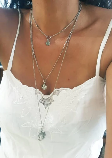 accessory Layered Silver Charm Coin Necklace Set Etsy - BezalelDesignShop $118.28