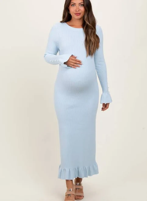 dress Light Blue Ribbed Knit Bow Back Maternity Maxi Dress PinkBlush Maternity $94