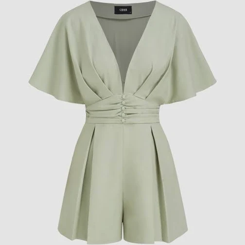 romper Linen-Blend V-Neck Ruched Pleated Romper Cider $37.9